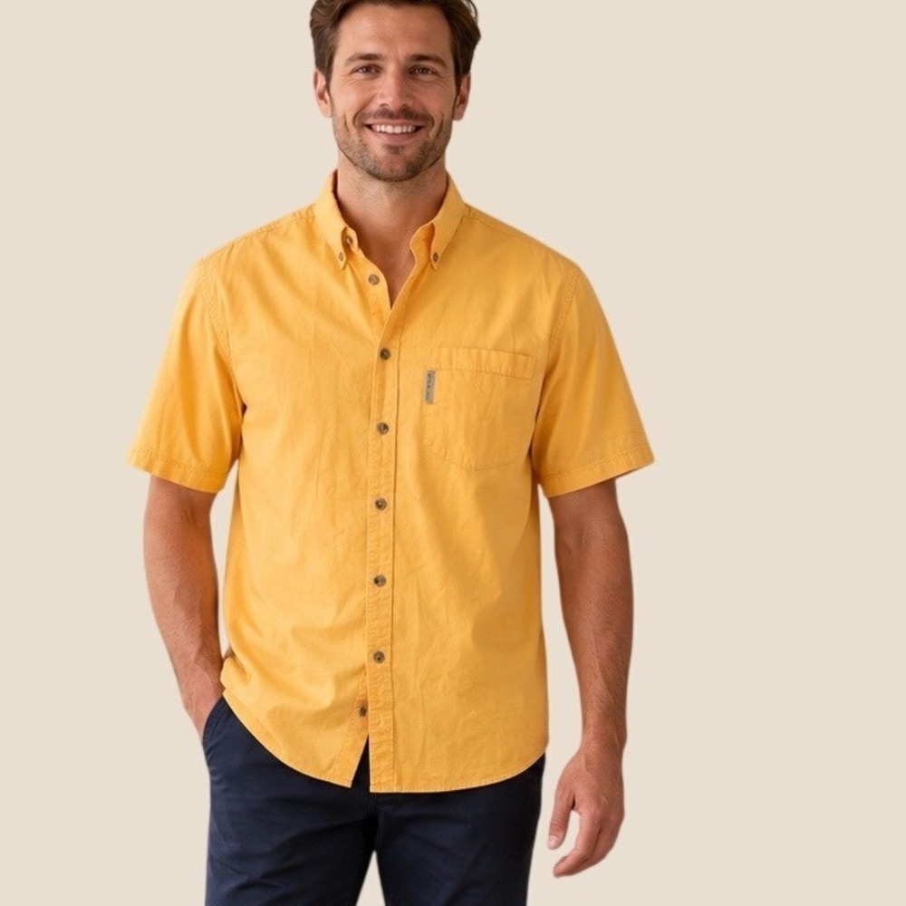 Columbia Mens Short Sleeve Button Down Shirt Yellow Cotton Stretch AM7561 Medium